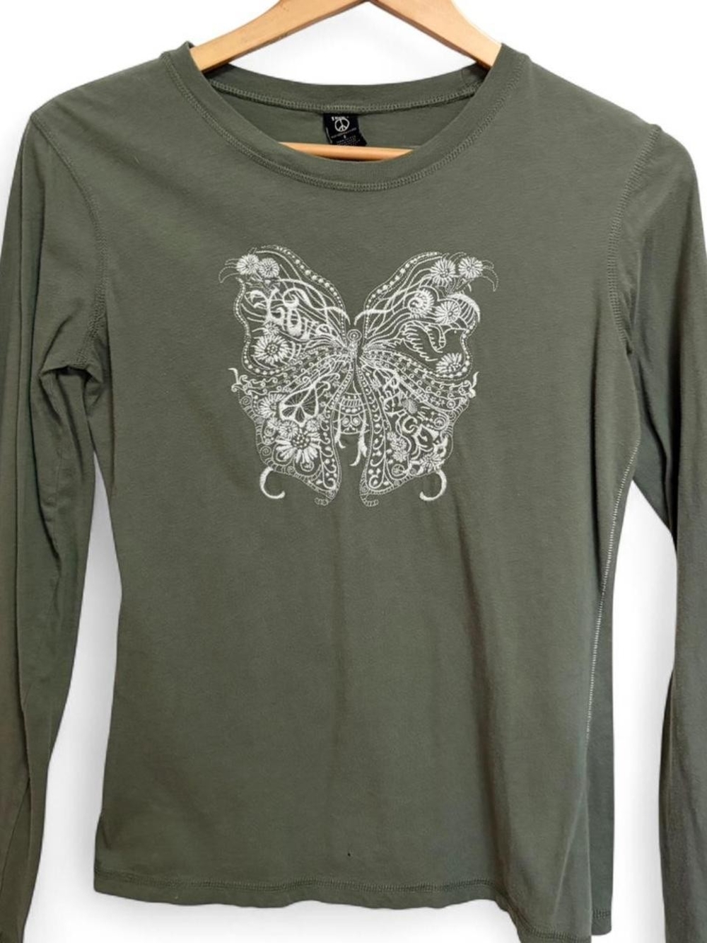 2000s Y2K Vintage Butterfly Embroidered Green Long Sleeve Top Size S Boho Fairy - Picture 6 of 7